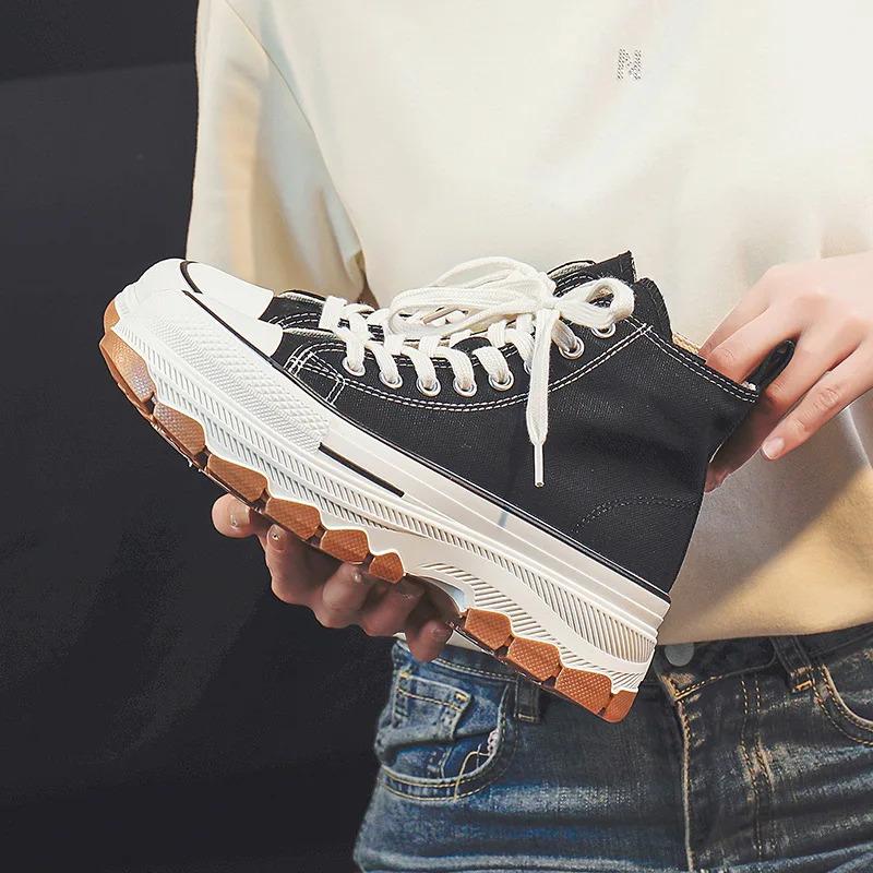 Trendy High Top Canvas Shoes for Women 2024 New Thick Sole Heightening Retro Simple Casual Vulcanized Shoes Women Shoes