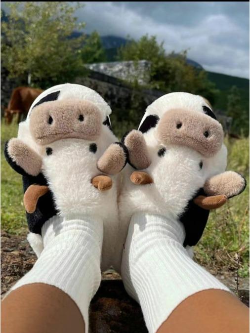 Cute Cow Plush Slippers for Women,Personalized Cartoon Animal Design Softand Comfortable Slippers, Fall & WinterFashion Warm Household Slippers, HouseShoes, Fall Outfits,Fall Freshness Footwear Girl Stylish Slide Flipflop Walking Shoes