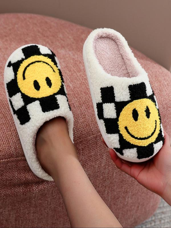 Women's Cartoon Smile Face & Checked Pattern Plush Slippers, Casual Soft Comfortable Home Slippers, Warm Slippers for Fall & Winter, Walking Shoes, Fall Outfits, Fall Freshness