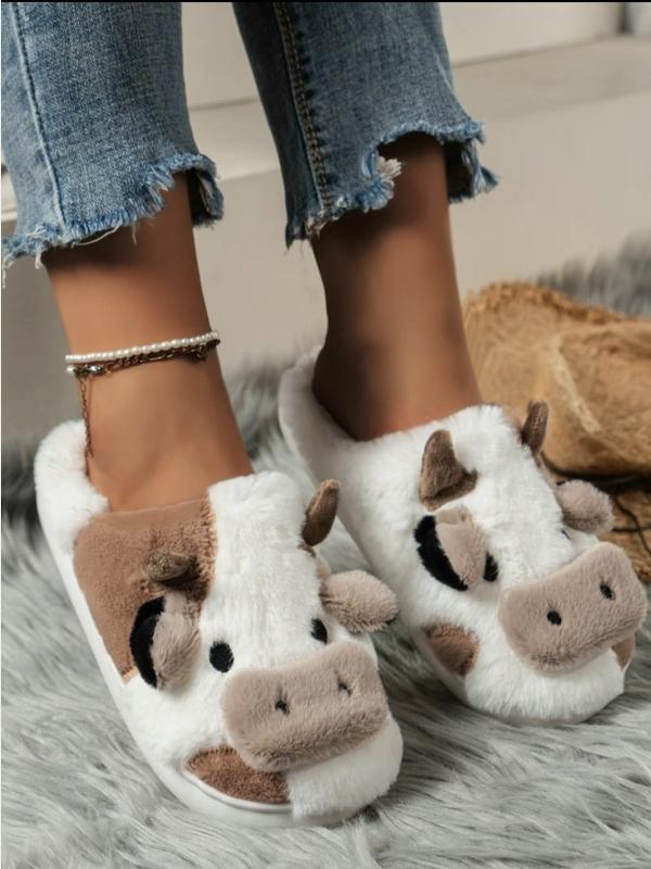 Cute Cow Plush Slippers for Women,Personalized Cartoon Animal Design Softand Comfortable Slippers, Fall & WinterFashion Warm Household Slippers, HouseShoes, Fall Outfits,Fall Freshness Footwear Girl Stylish Slide Flipflop Walking Shoes