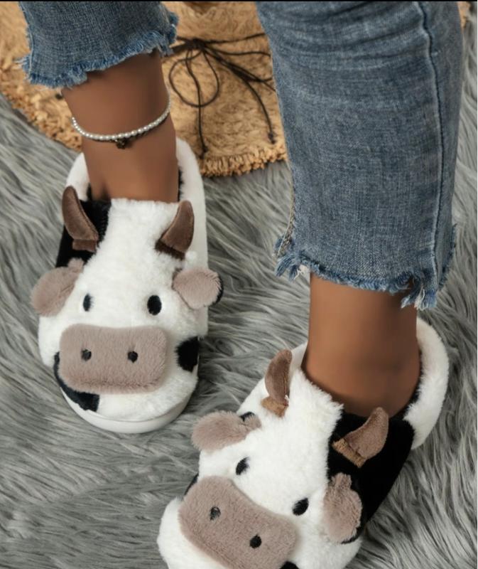 Cute Cow Plush Slippers for Women,Personalized Cartoon Animal Design Softand Comfortable Slippers, Fall & WinterFashion Warm Household Slippers, HouseShoes, Fall Outfits,Fall Freshness Footwear Girl Stylish Slide Flipflop Walking Shoes