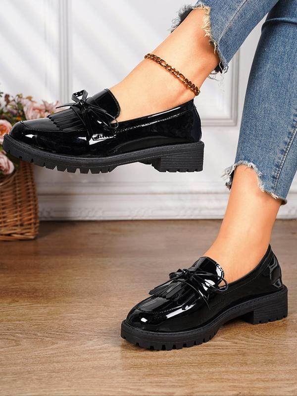 Women's Elegant Glossy Finish Bow & Fringe Decor Loafers, Round Toe Patent Leather Flat Shoes, Thick Sole Shallow Mouth Loafer Shoes, Fashionable Walking Shoes for Daily Wear