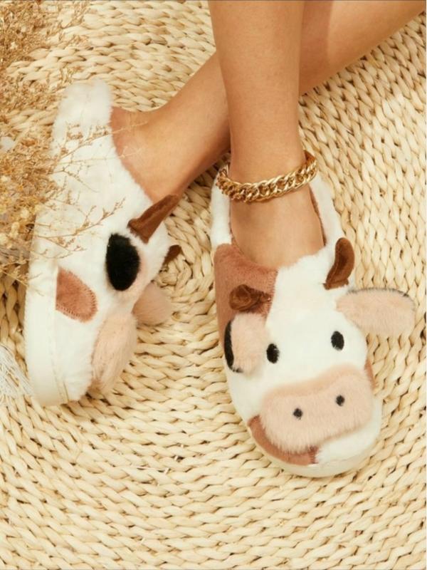 Cute Cow Plush Slippers for Women,Personalized Cartoon Animal Design Softand Comfortable Slippers, Fall & WinterFashion Warm Household Slippers, HouseShoes, Fall Outfits,Fall Freshness Footwear Girl Stylish Slide Flipflop Walking Shoes