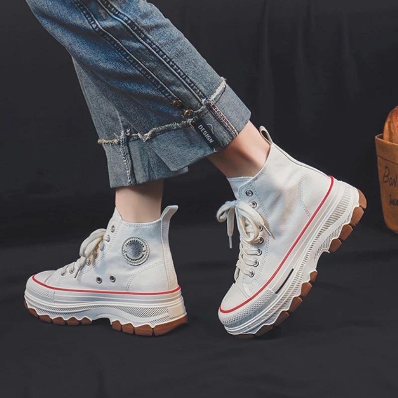 Trendy High Top Canvas Shoes for Women 2024 New Thick Sole Heightening Retro Simple Casual Vulcanized Shoes Women Shoes