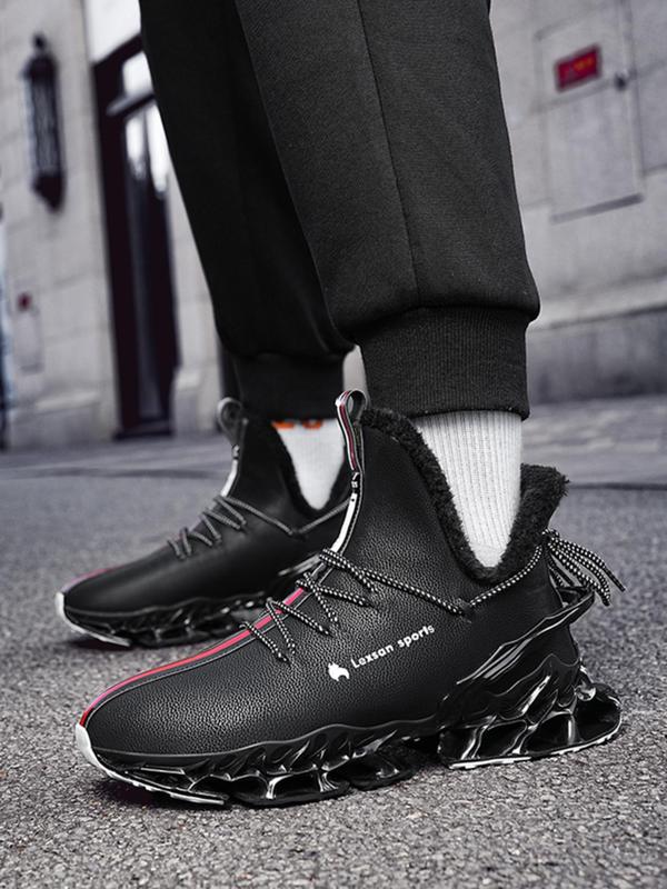 Men's Letter Print Lace Up Blade Sole Running Shoes, Casual Sporty Warm Thermal Lined High Top Boots, Male All-match Round Toe Sports Shoes for Daily Wear