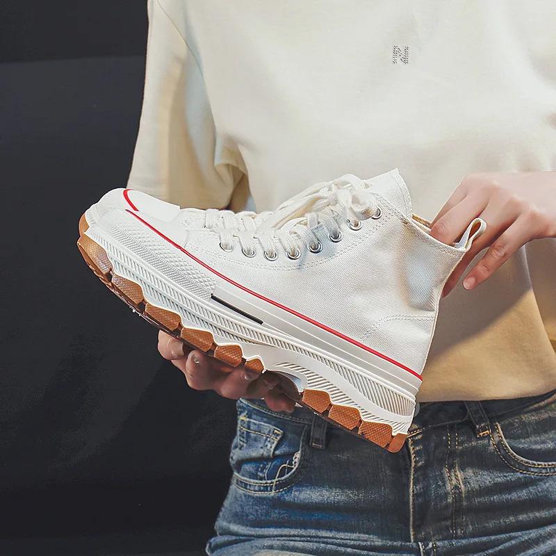 Trendy High Top Canvas Shoes for Women 2024 New Thick Sole Heightening Retro Simple Casual Vulcanized Shoes Women Shoes