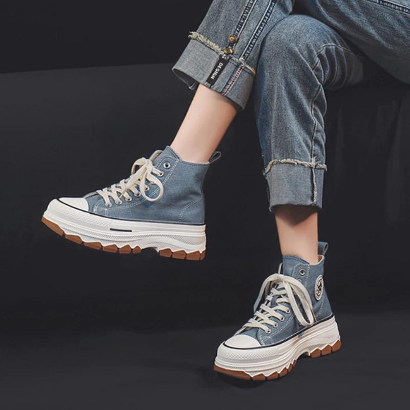 Trendy High Top Canvas Shoes for Women 2024 New Thick Sole Heightening Retro Simple Casual Vulcanized Shoes Women Shoes