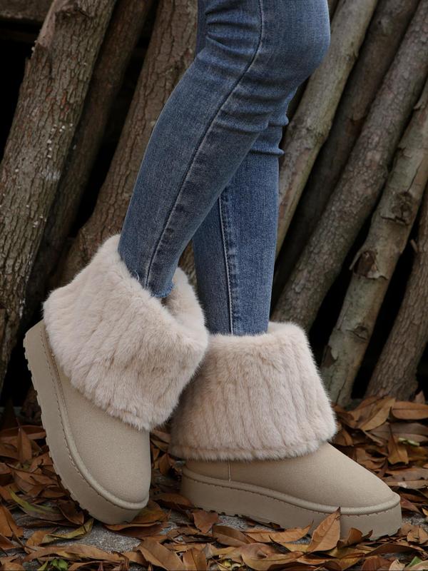 Women's Solid Color Plush Lining Snow Boots, Casual Comfortable Warm Boots for Winter, Fluffy Winter Shoes for Indoor and Outdoor