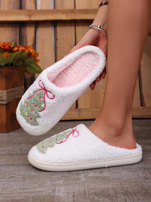 Women's Christmas Tree Embroidery Fluffy Slippers, Casual Soft Comfortable Home Slippers, Warm Slippers for Indoor & Outdoor Use for Fall & Winter