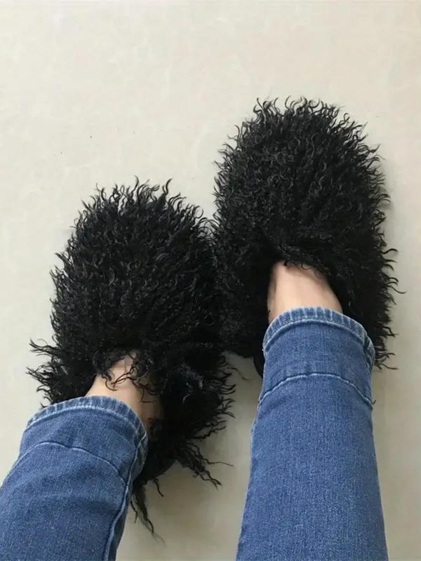 Women's Solid Color Fluffy Plush Slippers, Casual Soft Comfortable Home Slippers, Warm Slippers for Indoor & Outdoor Use for Fall & Winter