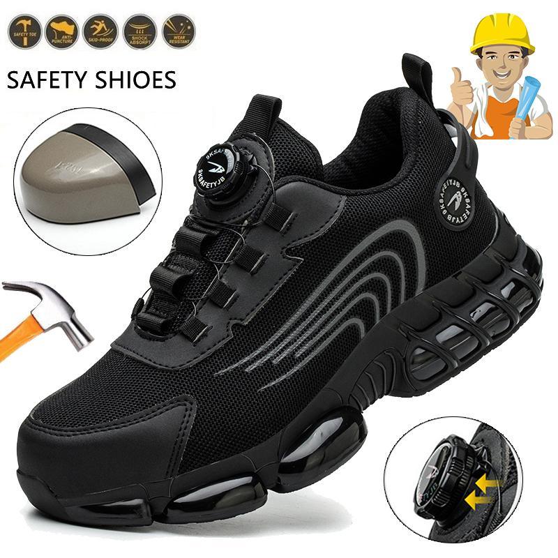 Men Women Steel Toe Safety Shoes Rotating Push Button Puncture Proof Work Sneakers Breathable Anti-smash Anti-stab Construction Security Shoes