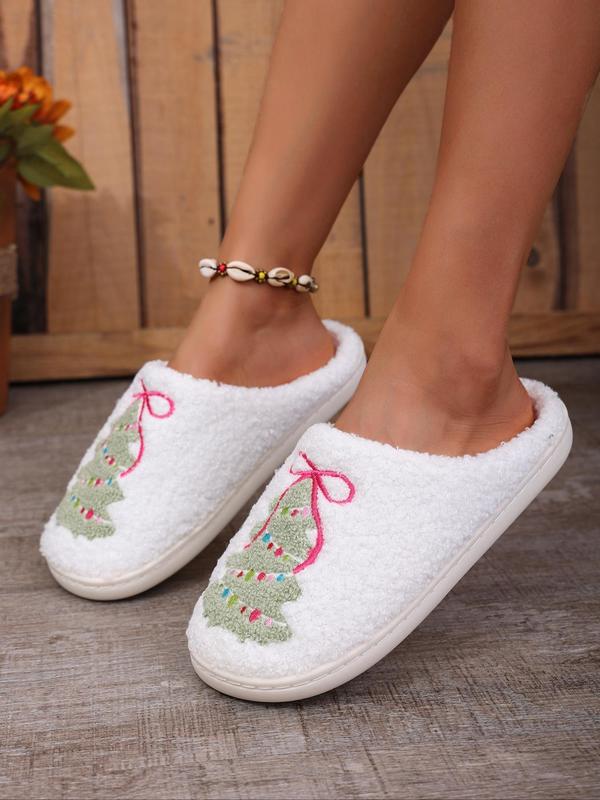 Women's Christmas Tree Embroidery Fluffy Slippers, Casual Soft Comfortable Home Slippers, Warm Slippers for Indoor & Outdoor Use for Fall & Winter