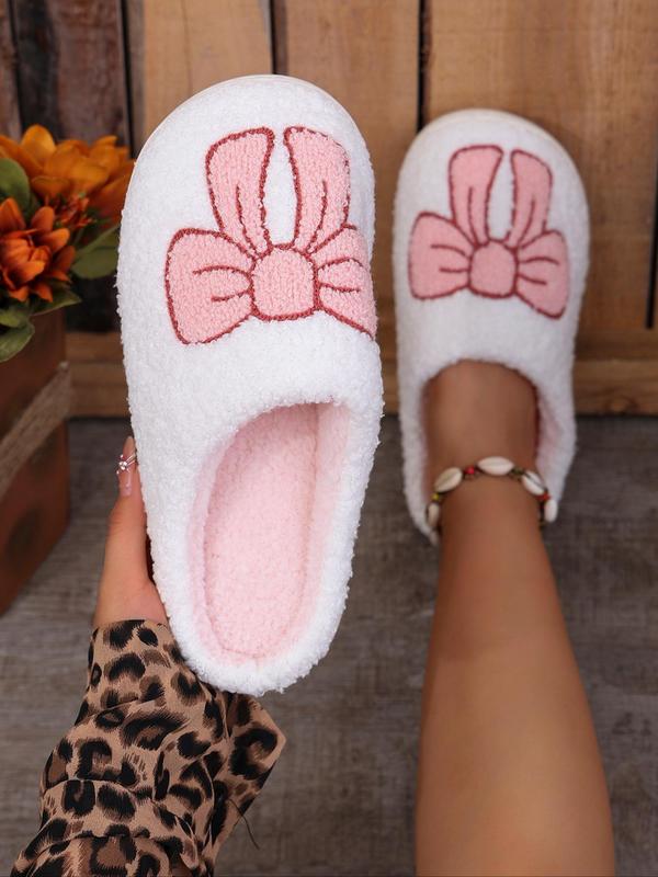 Women's Cute Bowknot Pattern Plush Slippers, Casual Soft Comfortable Home Slippers, Warm Slippers for Indoor & Outdoor Use for Fall & Winter