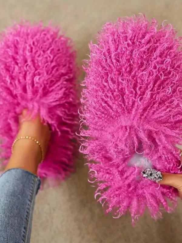 Women's Solid Color Fluffy Plush Slippers, Casual Soft Comfortable Home Slippers, Warm Slippers for Indoor & Outdoor Use for Fall & Winter