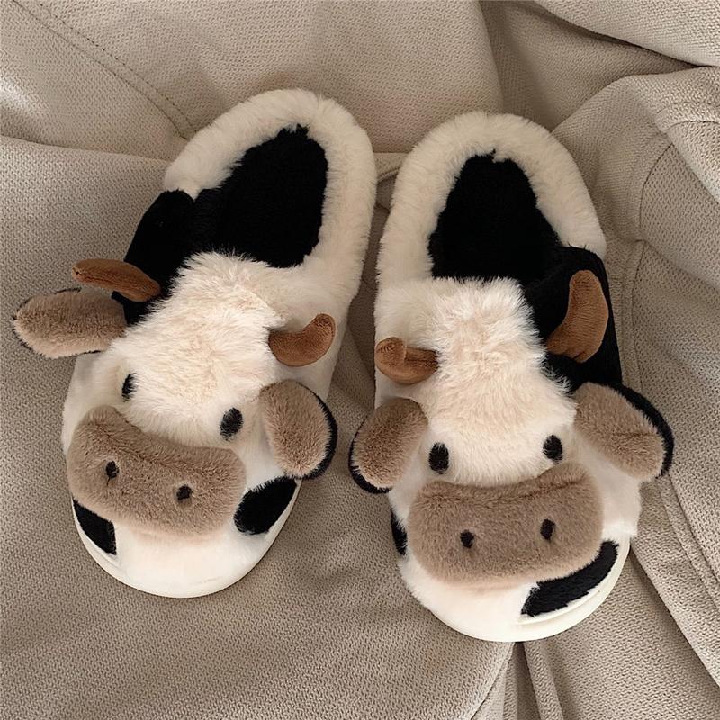 Men's Women's Cow Slippers Winter Soft Cartoon Cute Cow Slides Clog House Shoes for Indoor