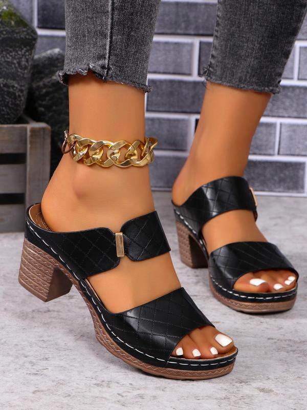 Women's Fashionable Plaid Decor Slip on Sandals, Casual Versatile Heeled Sandals for Summer, Lightweight Breathable Comfortable Shoes for Daily Wear