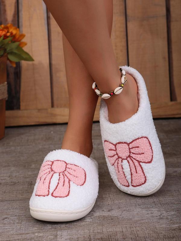 Women's Cute Bowknot Pattern Plush Slippers, Casual Soft Comfortable Home Slippers, Warm Slippers for Indoor & Outdoor Use for Fall & Winter