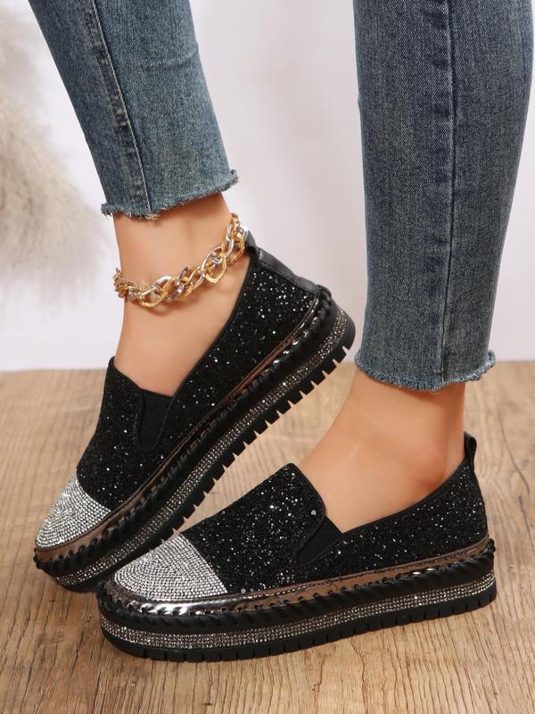 Women's Fashion Rhinestone Decorated Slip on Platform Shoes, Casual Lightweight Glittering Sequin Decor Shoes for Daily Wear, Non-slip Comfortable Shoes for Women & Girls