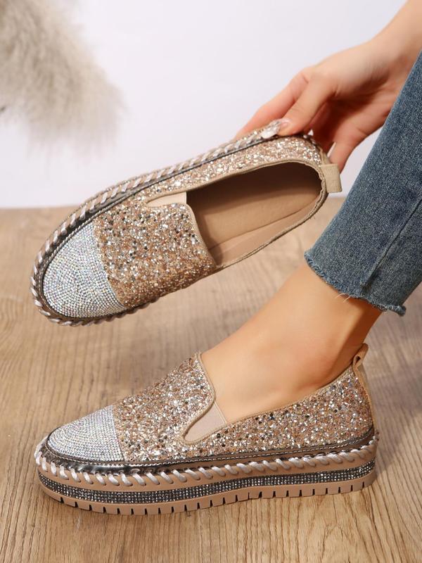 Women's Fashion Rhinestone Decorated Slip on Platform Shoes, Casual Lightweight Glittering Sequin Decor Shoes for Daily Wear, Non-slip Comfortable Shoes for Women & Girls