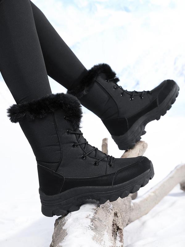 Women's Solid Color Lace Up Mid-calf Snow Boots, Casual Warm Plush Ankle Boots for Winter, Female All-match Round Toe Shoes for Daily Wear