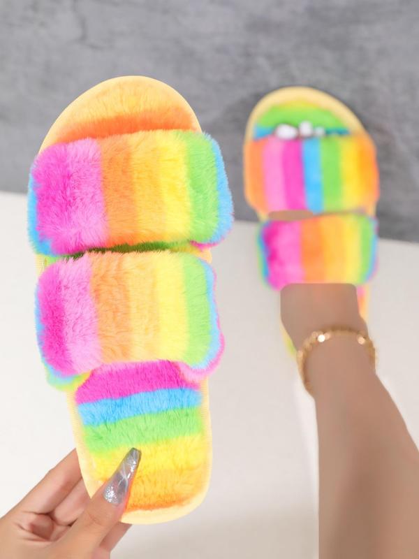 Women's 2024 Novelty Rainbow Colorful Fluffy Slippers, Comfort Minimalist Footwear, Slide Shoes, Girls Flipflop, Casual Matching New Trendy Soft Comfy Fuzzy House Slippers, Warm Cute Slippers for Fall & Winter, Fall Outfits, Fall Freshness