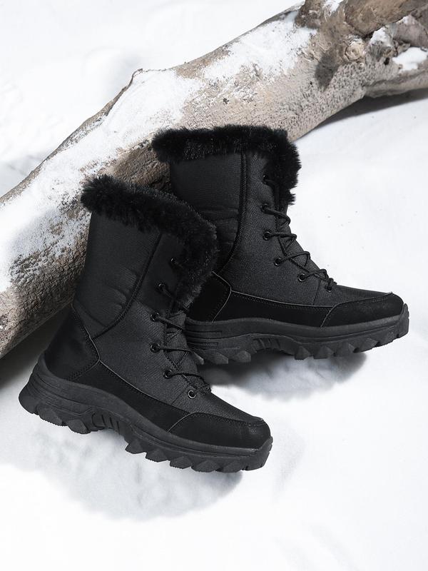 Women's Solid Color Lace Up Mid-calf Snow Boots, Casual Warm Plush Ankle Boots for Winter, Female All-match Round Toe Shoes for Daily Wear