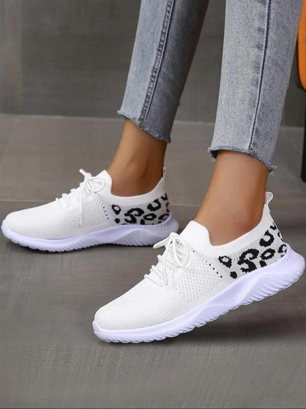 Leopard Print Lace up Low Top Sneakers, Fall 2024 Casual Athletic Lightweight Comfortable Training Running Sports Shoes, Trainer for Back To School Footwear 2024, Fall Outfits, Fall Freshness