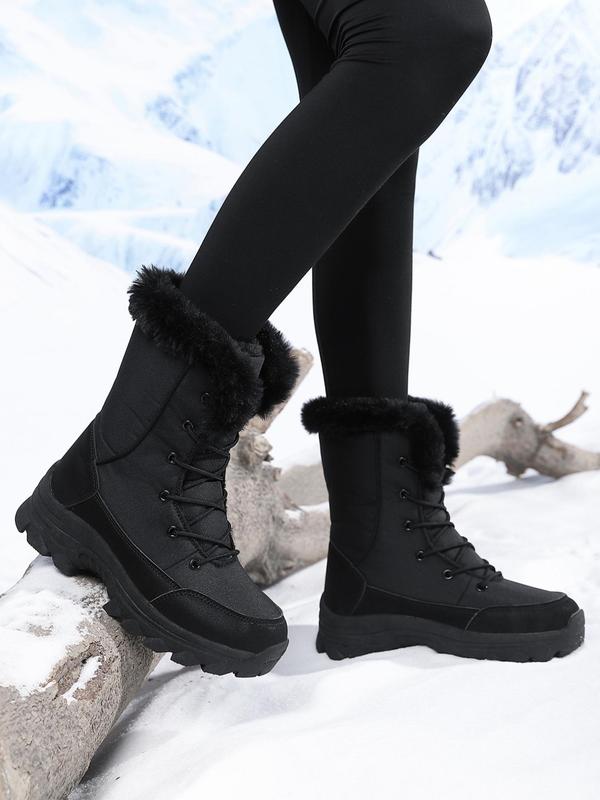 Women's Solid Color Lace Up Mid-calf Snow Boots, Casual Warm Plush Ankle Boots for Winter, Female All-match Round Toe Shoes for Daily Wear