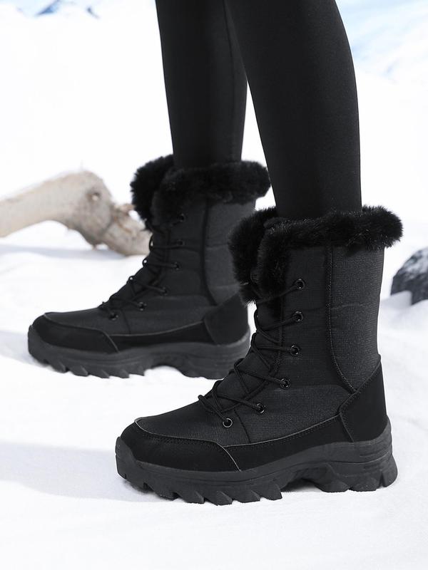 Women's Solid Color Lace Up Mid-calf Snow Boots, Casual Warm Plush Ankle Boots for Winter, Female All-match Round Toe Shoes for Daily Wear