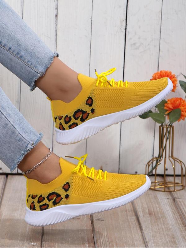 Leopard Print Lace up Low Top Sneakers, Fall 2024 Casual Athletic Lightweight Comfortable Training Running Sports Shoes, Trainer for Back To School Footwear 2024, Fall Outfits, Fall Freshness