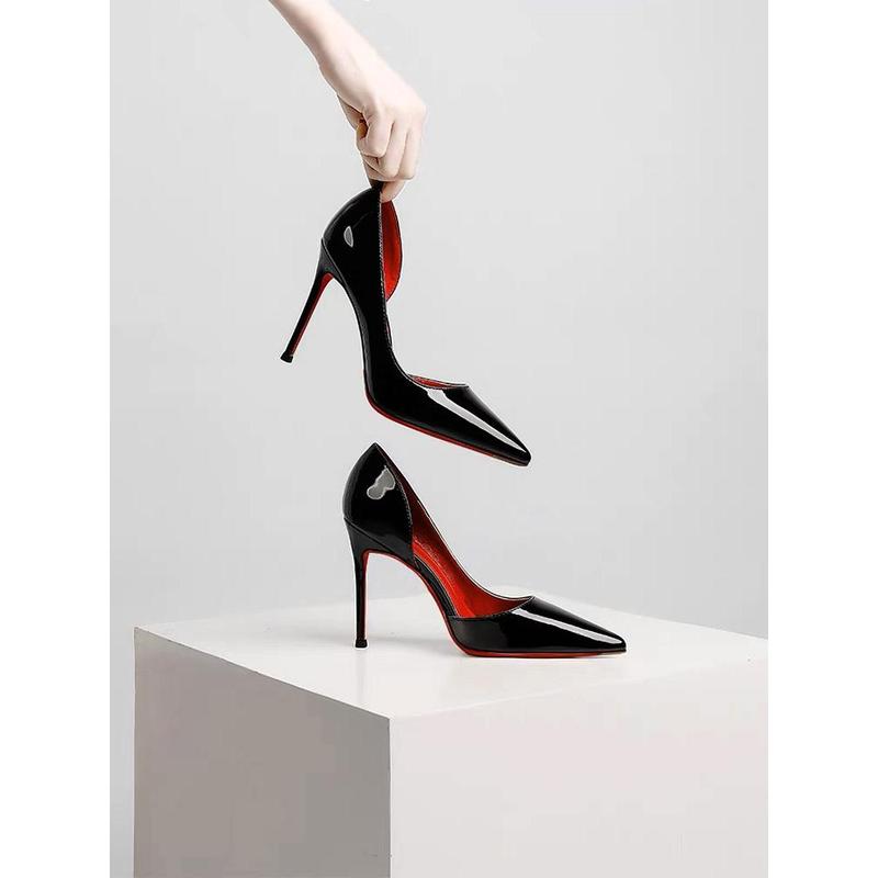 Side Empty Black with Red Background High Heels Women's New Style Temperament Stiletto Heel Pointed Toe Patent Leather Low-Cut Commuter Shoes