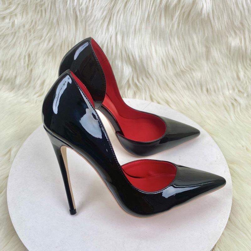 Side Empty Black with Red Background High Heels Women's New Style Temperament Stiletto Heel Pointed Toe Patent Leather Low-Cut Commuter Shoes