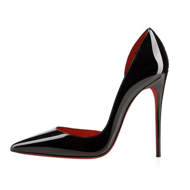 Side Empty Black with Red Background High Heels Women's New Style Temperament Stiletto Heel Pointed Toe Patent Leather Low-Cut Commuter Shoes