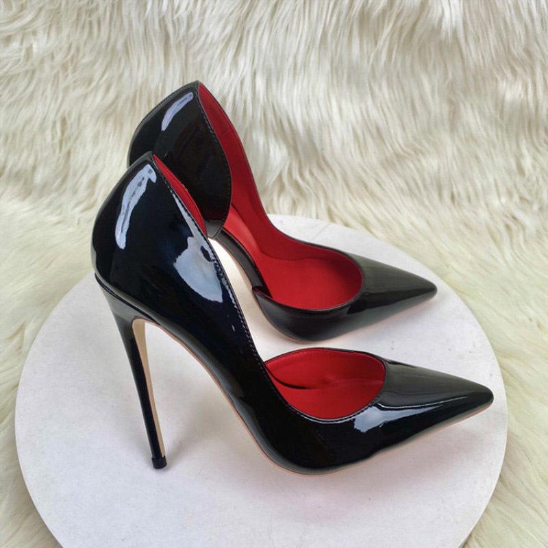 Side Empty Black with Red Background High Heels Women's New Style Temperament Stiletto Heel Pointed Toe Patent Leather Low-Cut Commuter Shoes