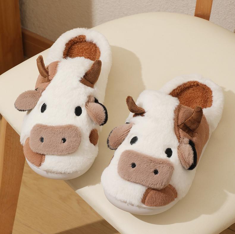 Kawaii Cow Plush Slippers - Non-Slip, Warm & Cozy All-Season Bedroom Footwear