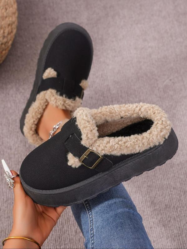 Women's Solid Color Belted Plush Slippers, Casual Soft Comfortable Home Slippers, Warm Slippers for Indoor & Outdoor Use for Winter