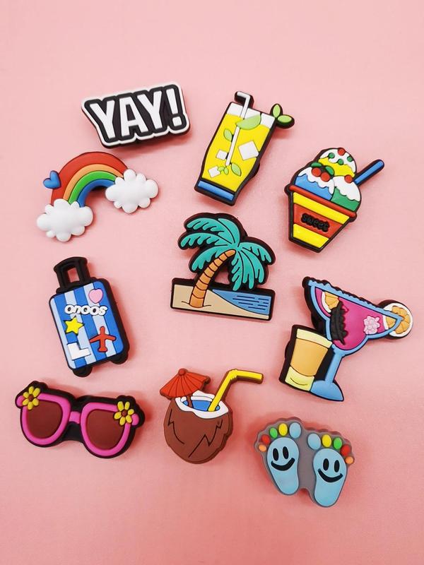 Cute Colorful Holiday Themed Shoe Croc Charms for Clogs, 10pcs Cartoon Beach & Juice Design Kawaii Shoe Decoration, Trendy All-match Charms for Men & Women for Vented Clogs