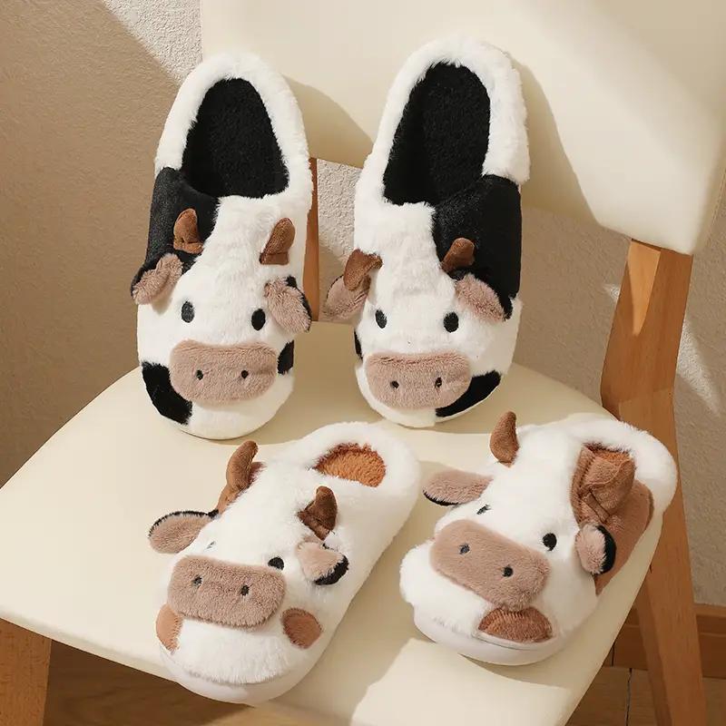 Women's Cartoon Cute Cow House Slippers, Warm Plush Lined Home Slippers, Women's Cozy Indoor Shoes