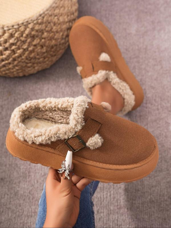 Women's Solid Color Belted Plush Slippers, Casual Soft Comfortable Home Slippers, Warm Slippers for Indoor & Outdoor Use for Winter