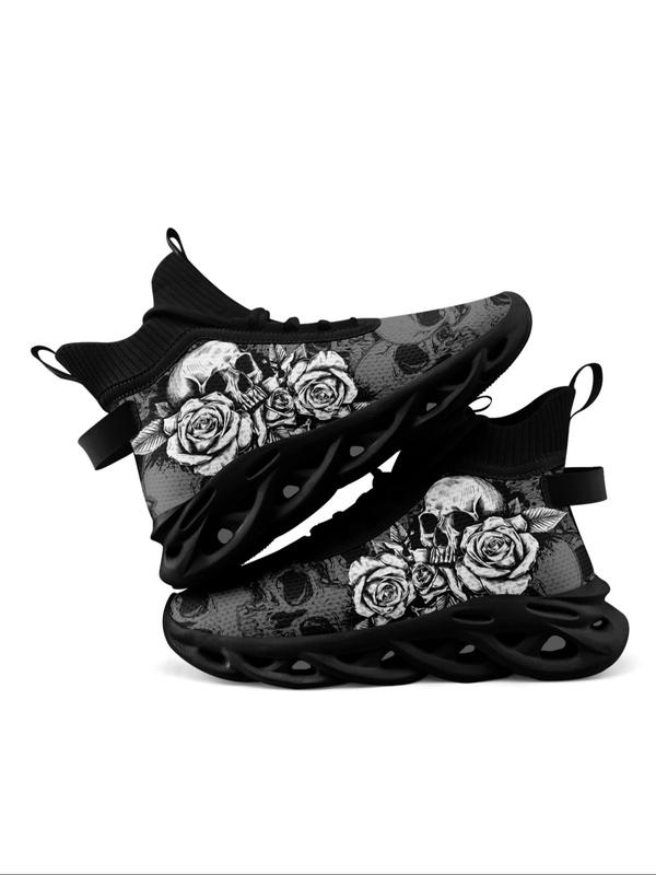 Men's Gothic Rose & Skull Print High Top Sneakers, Casual Sporty Breathable Comfortable Lightweight Running Shoes, Male All-match Round Toe Shoes for Daily Wear