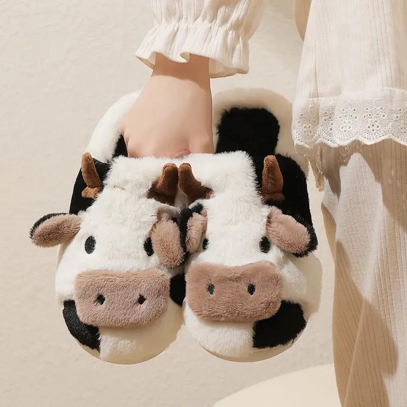 Kawaii Cow Plush Slippers - Non-Slip, Warm & Cozy All-Season Bedroom Footwear