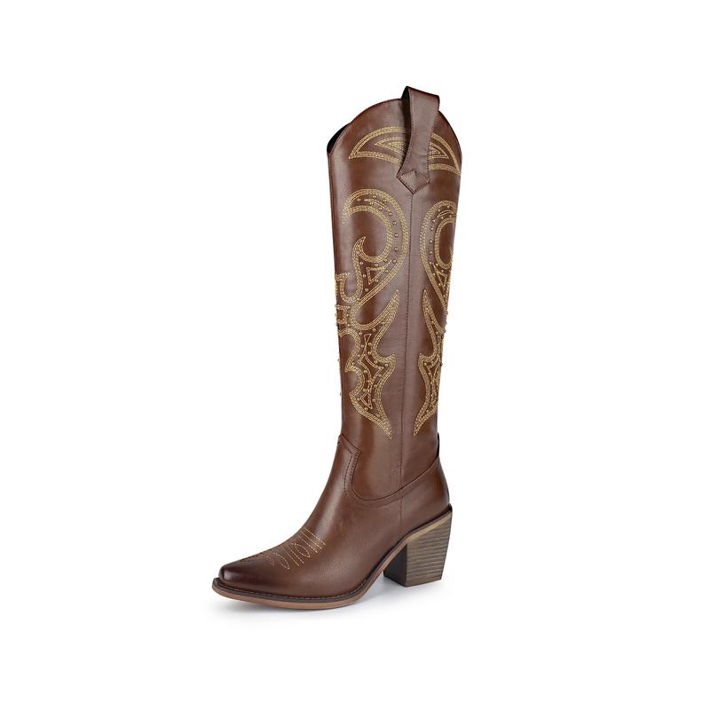 WETKISS Knee High Cowboy Cowgirl Boots for Women, with Unique Embroidery, Side Zipper and Chunky Heel Design