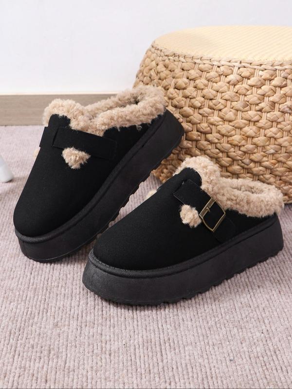 Women's Solid Color Belted Plush Slippers, Casual Soft Comfortable Home Slippers, Warm Slippers for Indoor & Outdoor Use for Winter