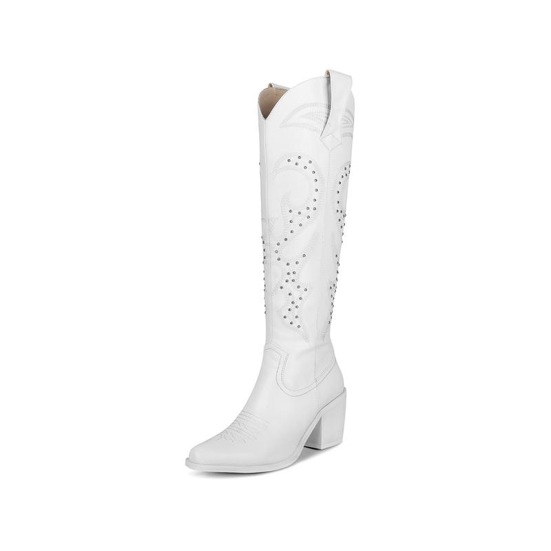 WETKISS Knee High Cowboy Cowgirl Boots for Women, with Unique Embroidery, Side Zipper and Chunky Heel Design