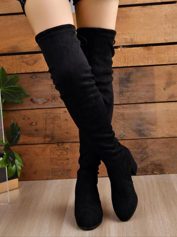 Women's Minimalist Solid Lace Up Over The Knee Boots, Fashionable Round Toe High Heel Boots for Fall & Winter, Women's Boots for Daily Wear