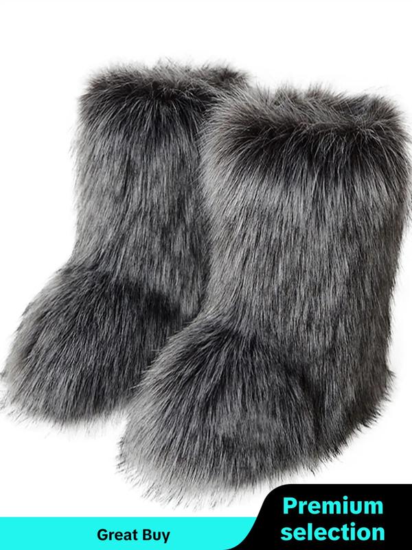 Random Sole Color Women's Street Fluffy Fur Snow Boots, Soft Warm Mid-calf Boots for Autumn & Winter, Platform Slip-on Winter Shoes, Winter Outfits 2024