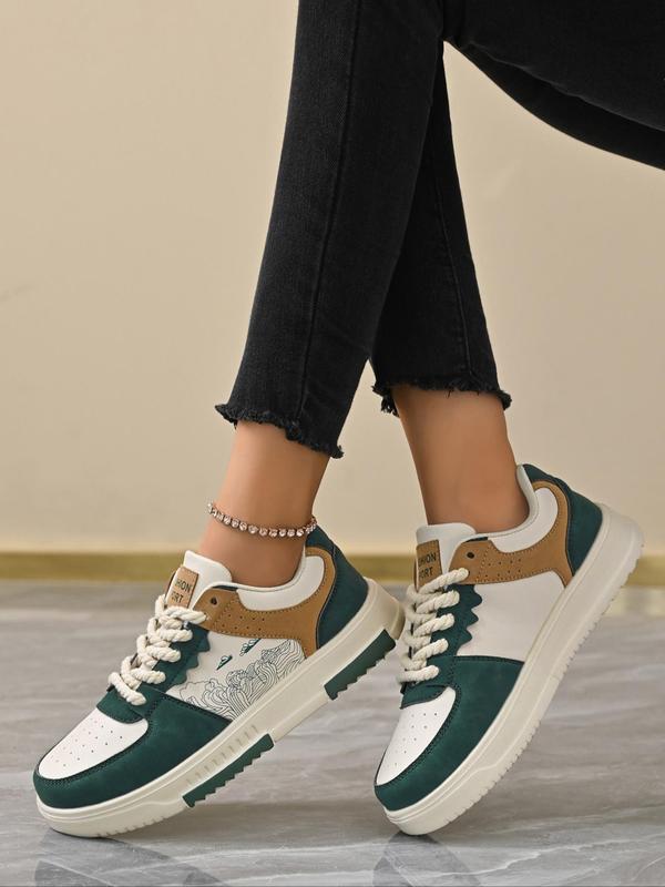 Women's Fashionable Colorblock Letter Label Design Lace Up Low Top Sneakers, Casual Comfortable Breathable Sports Running Shoes, All-match Round Toe Chunky Sneakers for Daily Wear