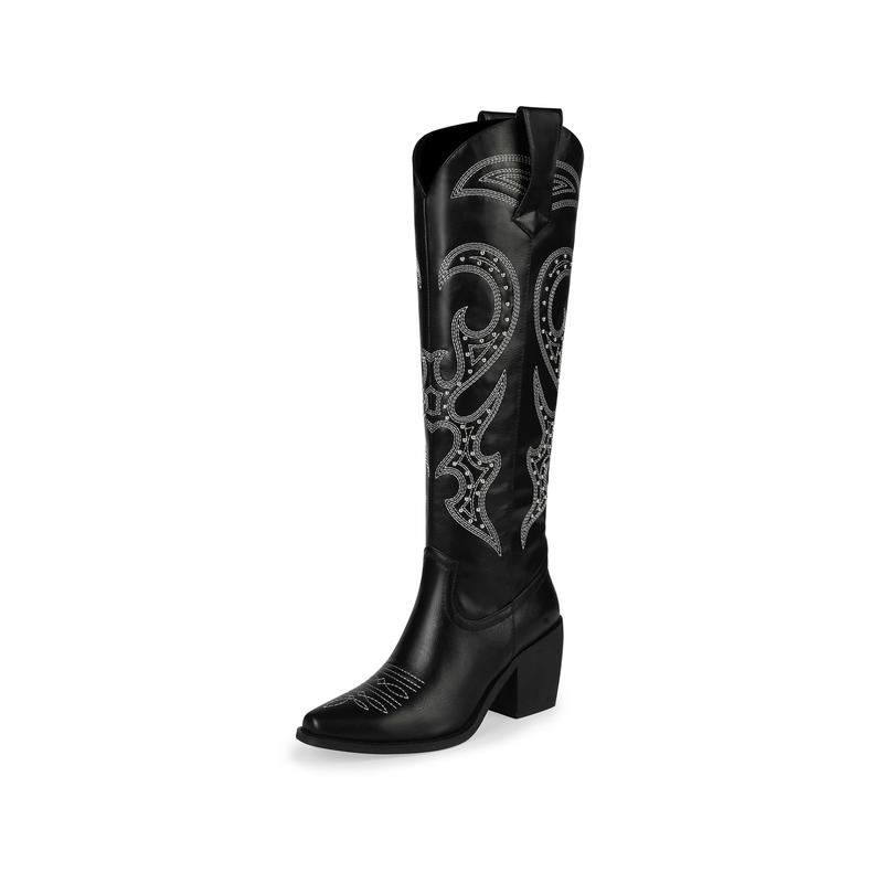 WETKISS Knee High Cowboy Cowgirl Boots for Women, with Unique Embroidery, Side Zipper and Chunky Heel Design