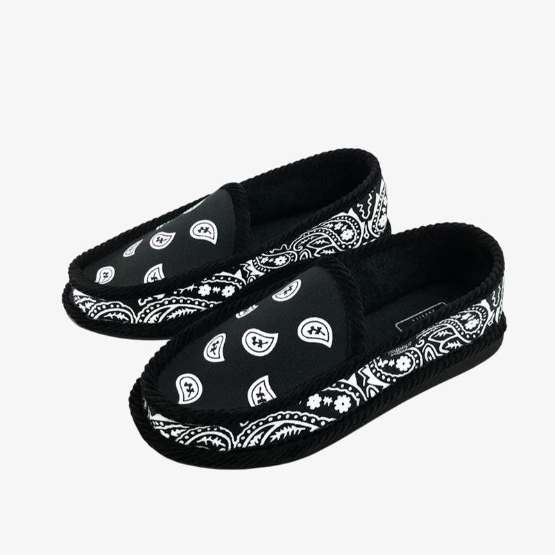 Black Troopers Bandana Slippers Round Toe Bandana Paisley & Corduroy Slip-ons - Footwear - Paisley House Shoes - Chicano Lowrider Movement - Men or Women Comfort Walking Shoes