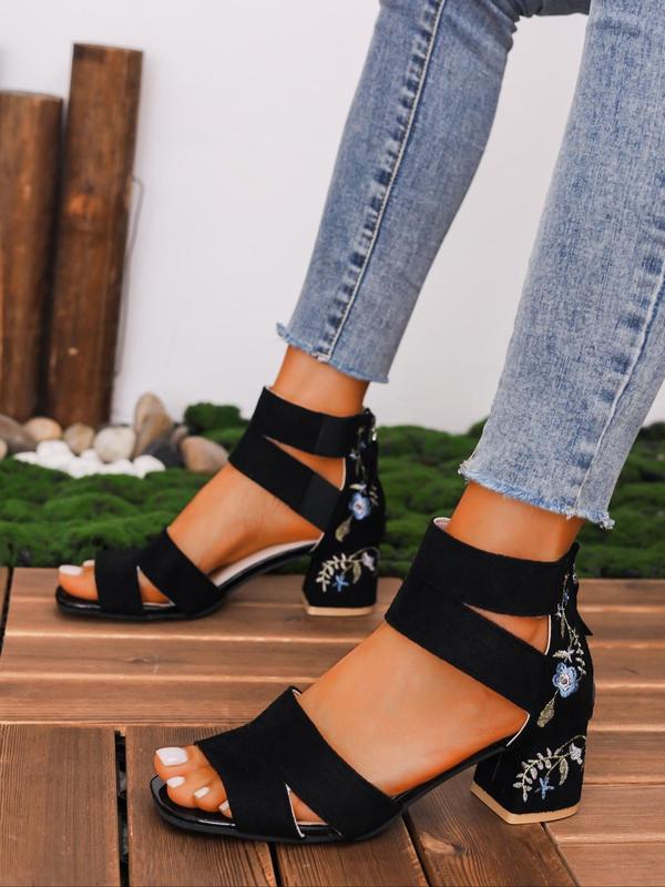 Women's Vintage Floral Embroidering Design Heeled Sandals, Fashionable Square Toe Heeled Sandals for Work & Daily Wear, Trendy All-match Sandals for Women